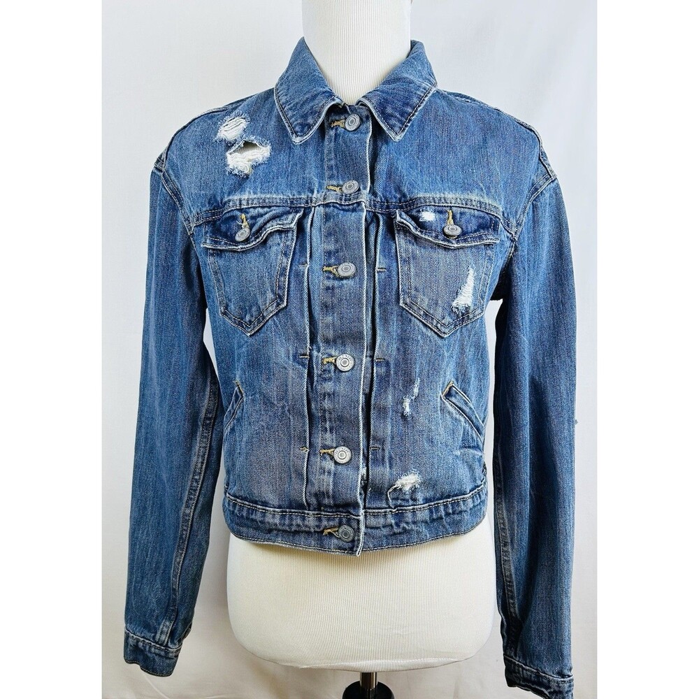 Old Navy Womens Distressed Denim Trucker Jacket Size Small Blue Medium Wash Jean